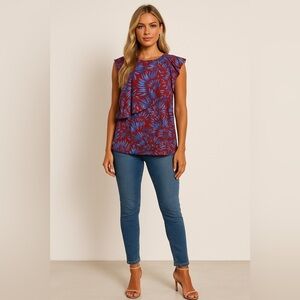 Banana Republic Floral Ruffle Feminine Sleeveless Blouse Top Red Blue Size 14